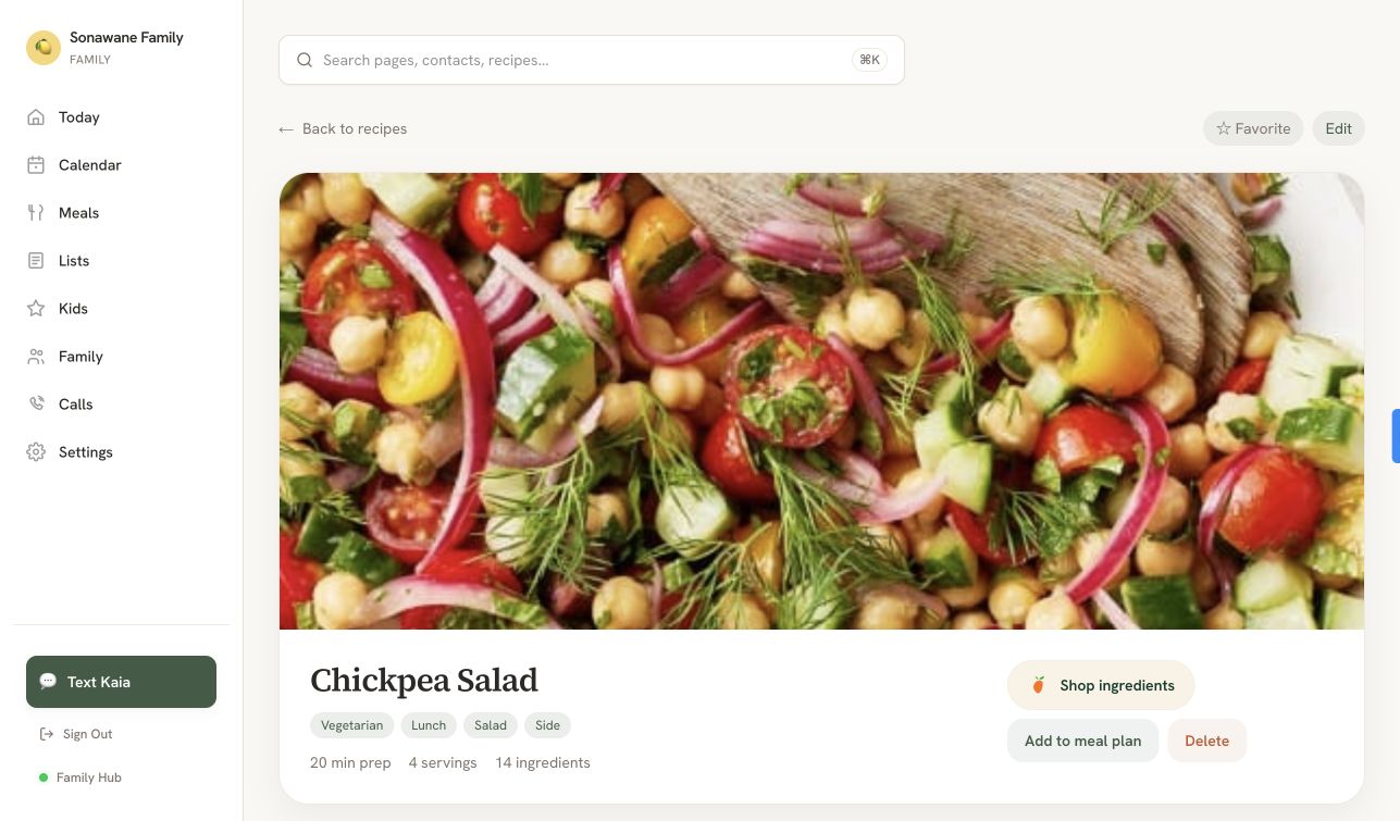 Kaia Family Hub: a saved recipe with Shop ingredients and Add to meal plan actions